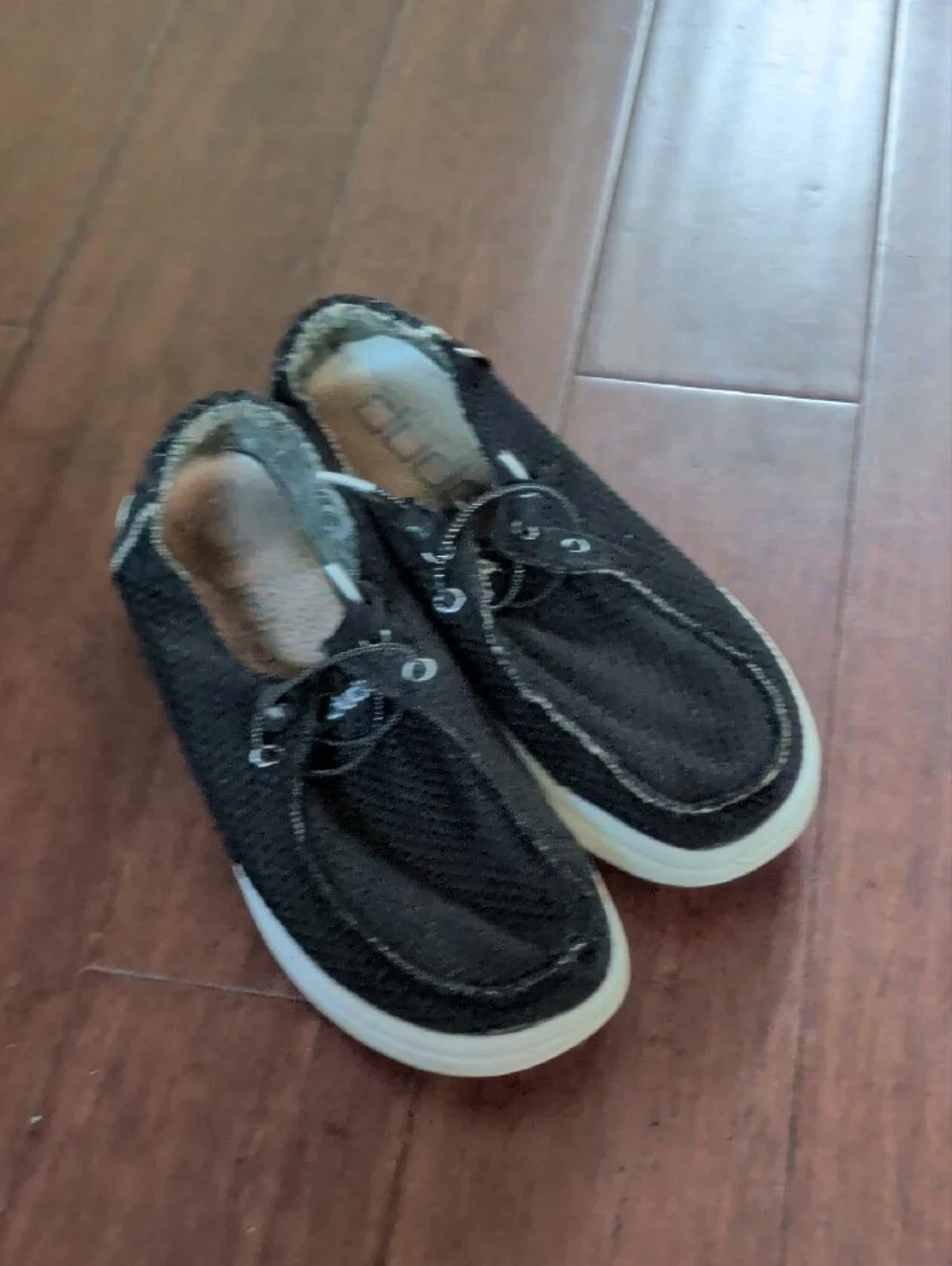 Hey Dude Mens Black Mesh Slip-On Loafers with White Sole